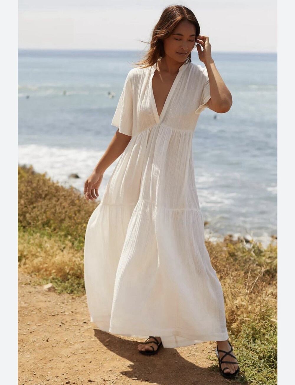 ANTHROPOLOGIE The Kallie Flowy Tiered Maxi Gauzy Dress Cream Large Bohemian Med